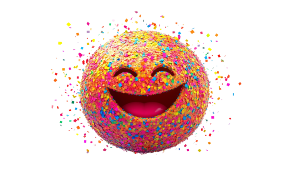 Confetti ball emoji bursting with vibrant colors in a festive digital design isolated on transparent background PNG
