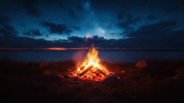 Night campfire by the lake under a starry sky, peaceful nature background video loop with a