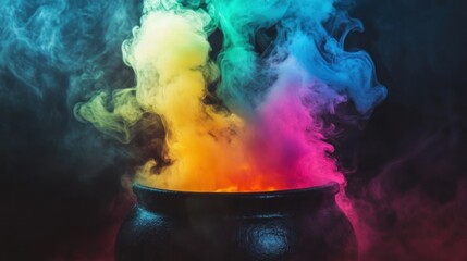 Colorful smoke rising from a cauldron in a dark room
