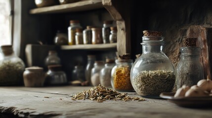Dried herbs on rustic wooden table in apothecary setting