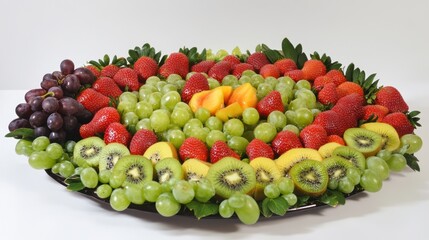 Colorful fruit platter arrangement, arranged in a decorative pattern on a dark tray, with a plain white background
