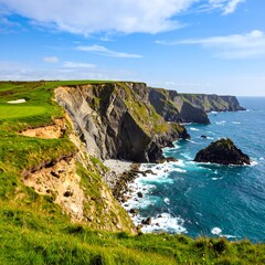 Fototapeta premium Coastal cliffs meet a golf course with waves