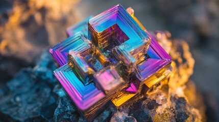 Colorful iridescent mineral crystal cluster on dark stone backdrop