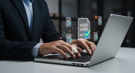 Document Management with Businessman Using Laptop for Digital Workflow on transparent background