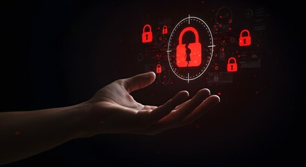 Cybersecurity breach with hand presenting broken lock icons on dark on transparent background