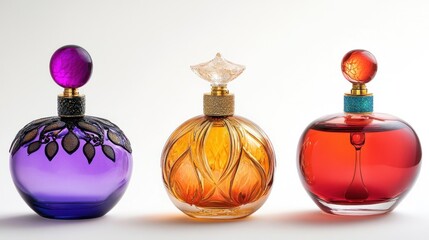 Elegant perfume bottles, studio shot, three colors,  ornamental caps
