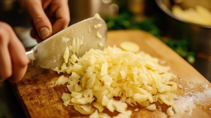Chef chopping potatoes on wooden board in kitchen