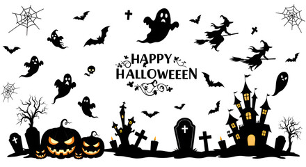 Fototapeta premium Vector illustration of Halloween with witches, ghosts, bats, pumpkins, and haunted house on white background. Spooky and fun theme for decoration and party design. 