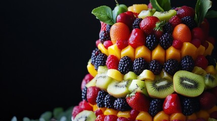 Colorful tiered fruit display on dark background with fresh leaves