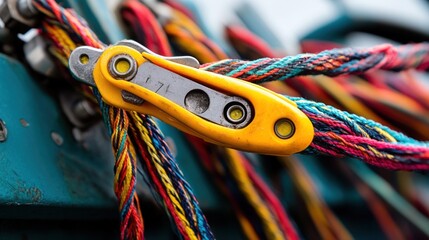 Close-up of colorful ropes and safety clip on teal background