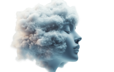 Floating cloud shaped like a human head surrounded by mist in a surreal dreamlike atmosphere isolated on transparent background PNG