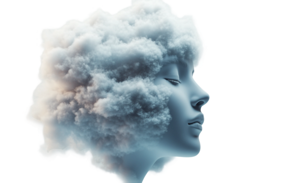Floating cloud shaped like a human head surrounded by mist in a surreal dreamlike atmosphere isolated on transparent background PNG