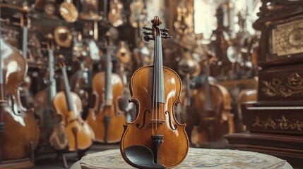 Antique violin on display in a shop filled with violins and musical instruments