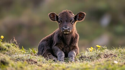 Adorable calf sits in grassy hillside meadow at dawn