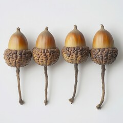 Four Acorns with Stems on White Background nuts seeds