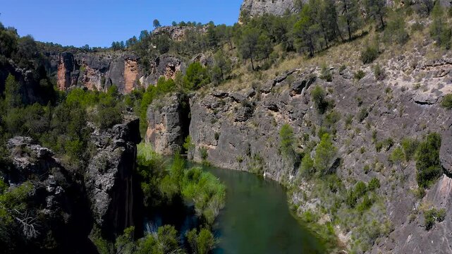 Aerial view of the Hoces del Cabriel Natural Reserve. The waters of Cabriel river, main affluent of the bigger J&uacute;car river, meander serving as natural border between Cuenca, Valencia and Albacete.