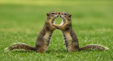 Fototapeta premium Two squirrels standing face to face, touching noses like kissing. A cute and heartwarming moment captured on green grass.