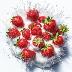 Strawberries splashing into white liquid strawberry