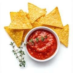 Tortilla Chips with Salsa and Thyme Sprig sauce