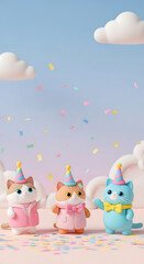 Obraz premium Three Cute Cartoon Cats in Party Hats Posing Playfully.