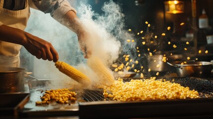 Chef grilling corn, smoke, restaurant kitchen, food preparation