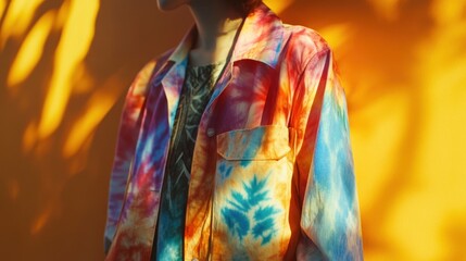 Colorful tie-dye shirt on person, outdoor setting, sunlit shadows