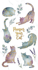 Watercolor Cats with Gold Accents and Lavender in Various Poses.