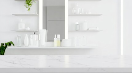 Fototapeta premium A clean and modern bathroom countertop scene with a white marble surface in sharp focus