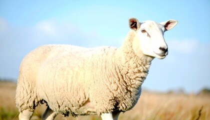 Obraz premium A fluffy white sheep stands serenely in a sunlit pasture, its wool thick and clean against a clear blue sky.