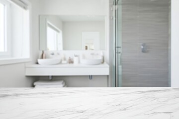 Fototapeta premium A clean luxury bathroom scene with a sharp-focus white marble surface in the foreground featuring gray veining