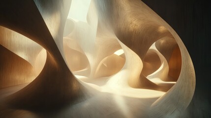 Abstract, flowing, wooden, architectural, interior, with sunlight streaming through