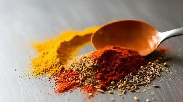 Colorful Spices: Turmeric, Paprika, and Cumin on Spoon