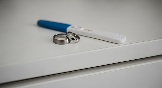 A pregnancy test lies next to wedding rings, suggesting anticipation and commitment.