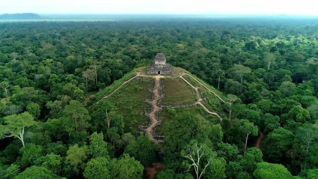 Aerial view of the ancient mayan city of tikal in guatemala, showcasing the historic ruins, pyramid, and temple amidst the lush jungle and forest landscape on a sunny day