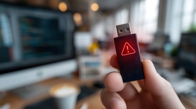 Hand holding a USB flash drive with a glowing red warning icon, symbolizing data breach, malware, cyber threat, computer virus, or security risk in a digital workplace environment.

