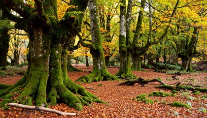 Autumn forest with moss-covered trees