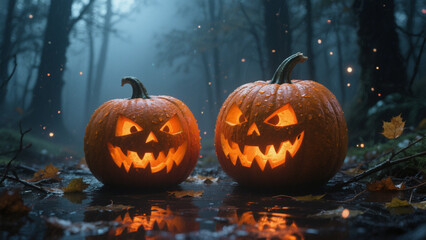 Fototapeta premium Two intricately carved jack-o'-lanterns with glowing orange eyes and wide, mischievous smiles sit side by side on a damp, reflective surface. Halloween, Halloween Costumes, Halloween Background