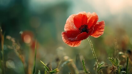 Single red poppy in a field, sunlit and blurred, evokes a serene, natural beauty
