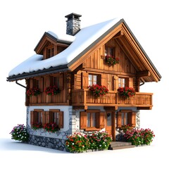 3d cartoon swiss mountain chalet with wooden panels, flower boxes under windows, pitched roof with snow, cozy alpine style.
