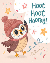 "Stylized happy owl in knitted beanie, jumping joyfully among stars and confetti, cheerful text ‘Hoot Hoot Hooray!’, pastel background, suitable for birthdays or celebrations, square card layout"
