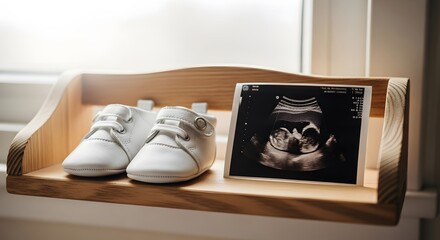 A pair of white baby shoes and an ultrasound scan of a fetus sit on a wooden shelf by a window.