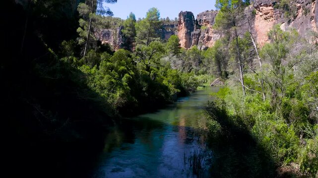 Aerial view of the Hoces del Cabriel Natural Reserve. The waters of Cabriel river, main affluent of the bigger J&uacute;car river, meander serving as natural border between Cuenca, Valencia and Albacete.