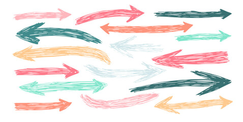 Colorful Arrows sketches set, hand drawn doodle pointers, lines arrow. Design elements collection. Brush strokes.