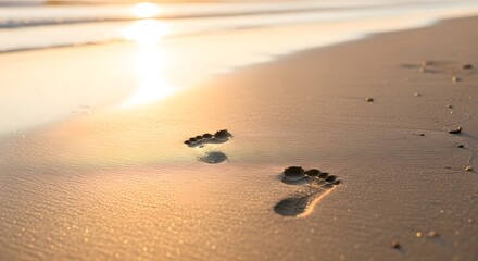 A pair of footprints in the wet sand along the shoreline during a golden sunset or sunrise.