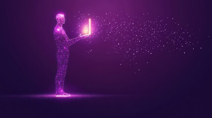 Abstract figure holding glowing laptop, digital art
