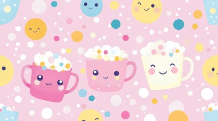 Cute cartoon cups with happy faces and polka dots on a pink background