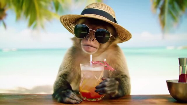 Cool monkey in sunglasses and straw hat relaxing at the beach with a tropical drink
