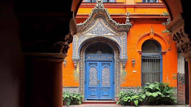 Ornate Orange Building with a Striking Blue Door