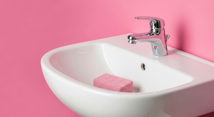 Fototapeta premium Clean white washbasin with chrome faucet and pink sponge against vibrant pink backdrop offers a modern and minimal bathroom aesthetic