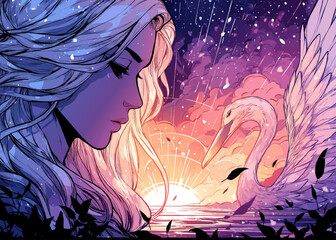Dreamy Fantasy Woman with Swan at Magical Sunset, Surreal Night Sky with Clouds and Glowing Sun, Vibrant Colors Illustration